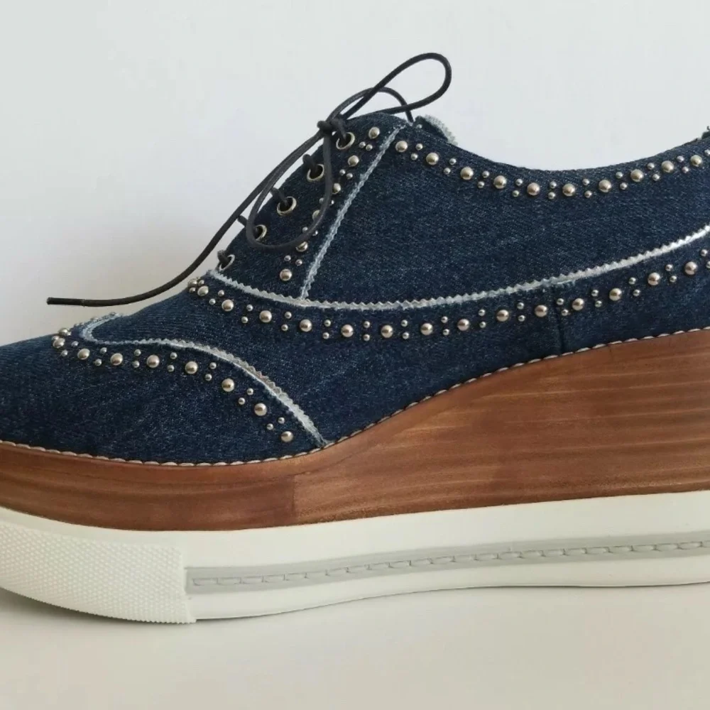 Miu Miu RARE DENIM PLATFORM Studded Wingtip Oxfords SNEAKERS  SHOES 7.5
